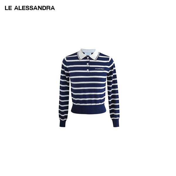 品牌直营 LE ALESSANDRA 秋冬海魂条纹藏青Polo针织短款毛衫上衣