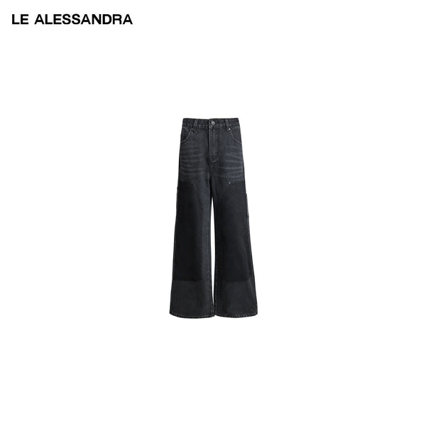 品牌直营 LE ALESSANDRA 黑灰撞色洗水伐木工装直筒牛仔长裤