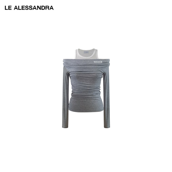 品牌直营 LE ALESSANDRA 一字领褶皱撞色LOGO假两件长袖上衣打底