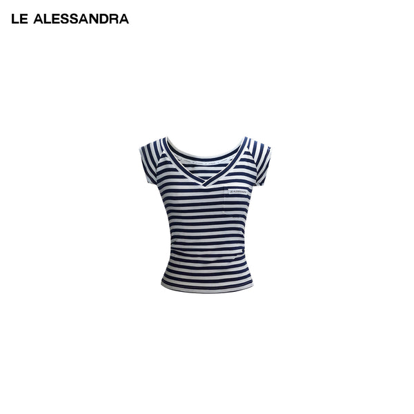 品牌直营 LE ALESSANDRA 海魂条纹V领口袋短袖T恤