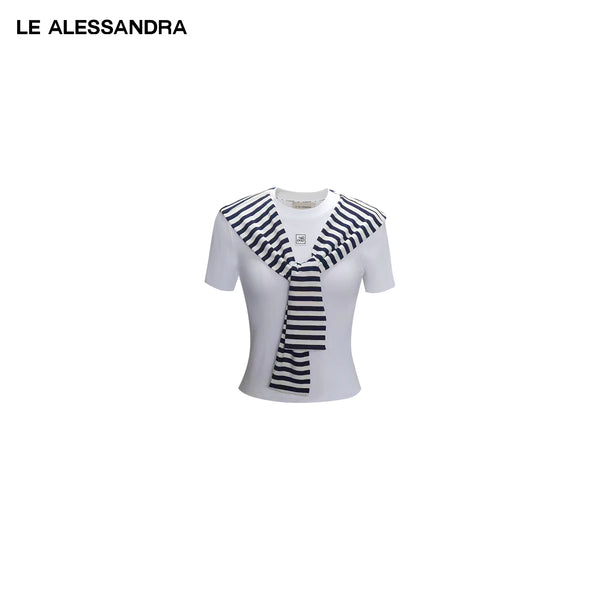 品牌直营 LE ALESSANDRA 条纹海军领叠搭白色短袖T恤