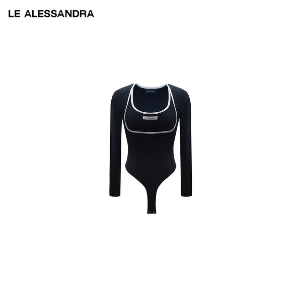 品牌直营 LE ALESSANDRA 黑白撞色拼接U领假两件打底秋冬上衣T恤